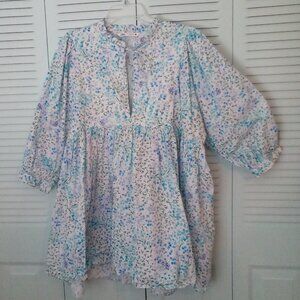 ZARA XXL FLORAL POPLIN MINI BABYDOLL KEYHOLE TIE FRONT RUFFLE NECK 3/4 BUBBLE